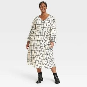 Women's Plus Size Balloon Long Sleeve Wrap Dress - Ava & Viv Cream Plaid 1X